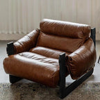 Traditional Vintage Rectangular Oil-Waxed Leather Iron Accent Chair Backrest Armrest For Living Room