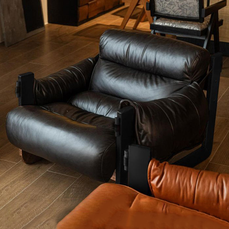 Traditional Vintage Rectangular Oil-Waxed Leather Iron Accent Chair Backrest Armrest For Living Room