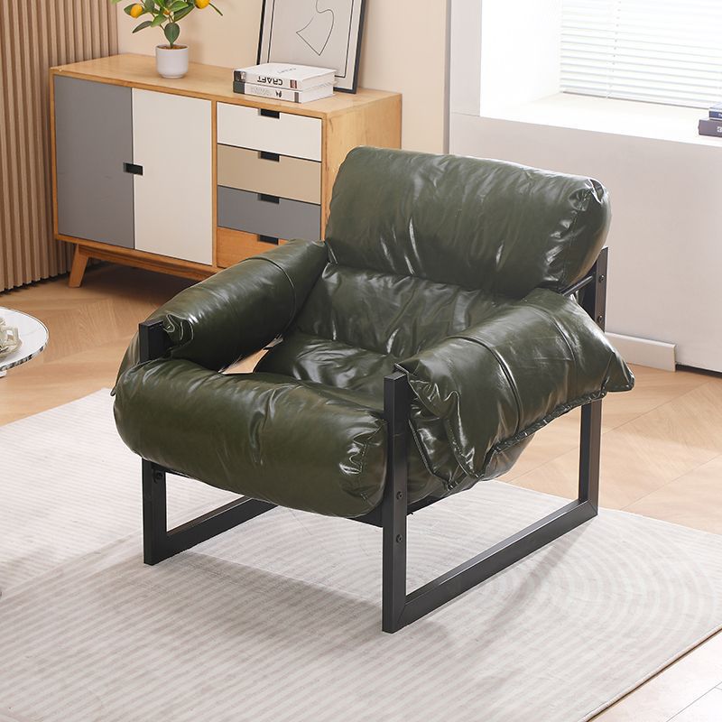 Traditional Vintage Rectangular Oil-Waxed Leather Iron Accent Chair Backrest Armrest For Living Room