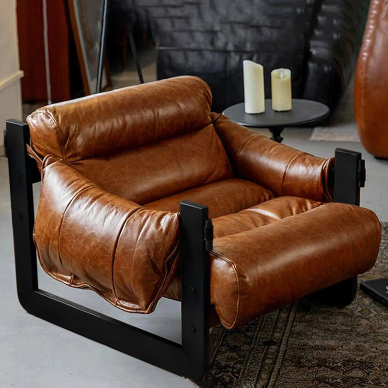 Traditional Vintage Rectangular Oil-Waxed Leather Iron Accent Chair Backrest Armrest For Living Room