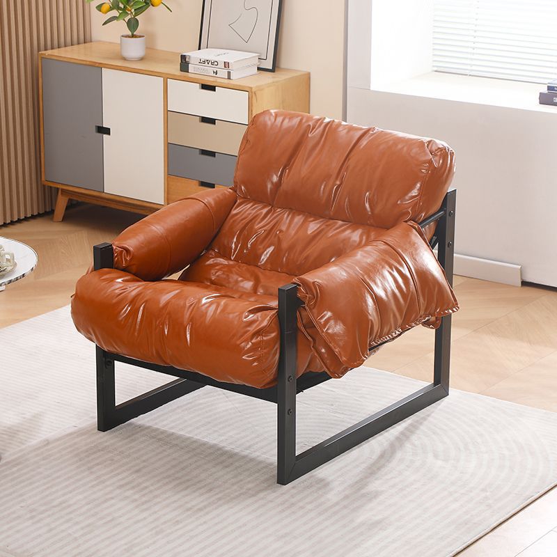 Traditional Vintage Rectangular Oil-Waxed Leather Iron Accent Chair Backrest Armrest For Living Room
