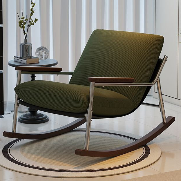 Modern Scandinavian Rocking Chair with Electroplated Silver Iron Frame, Corduroy Upholstery, Cotton-PP Cushions, and Solid Rubberwood Construction for Living Room