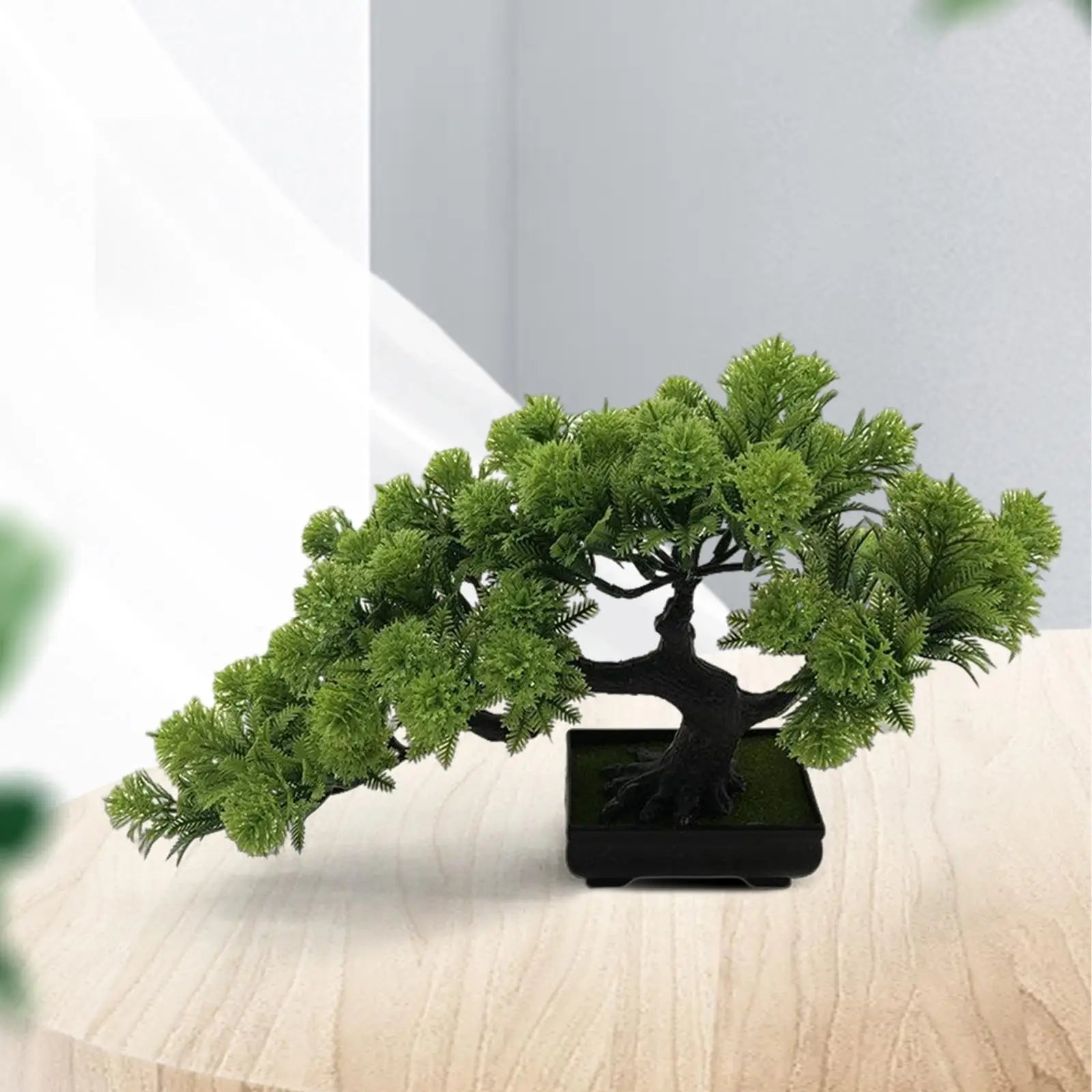Lifelike Faux Pine Bonsai Tree in Black Pot Cascading Zen Artificial Plant for Home Office Desk and Shelf Decor