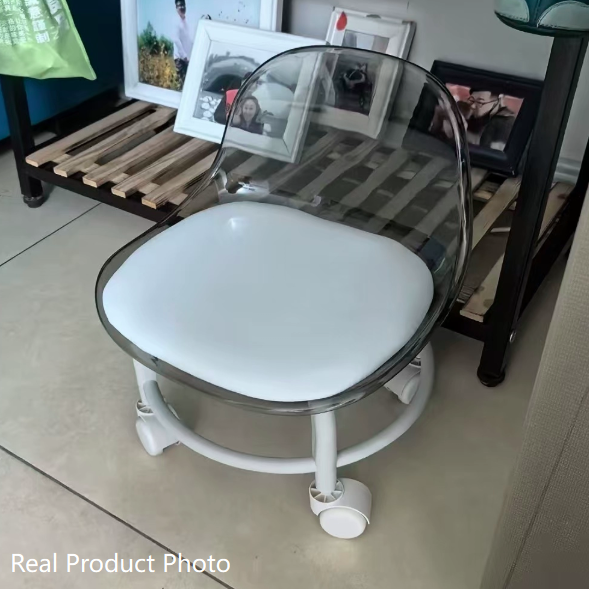 Modern Minimalist Round Acrylic Faux Leather Low Stool on Wheels – Plastic Living Room Stool