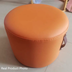 Contemporary Nordic Cylindrical Stool in Metal, Rubber Wood and Leather — Low, Backless, Armless for Living Room