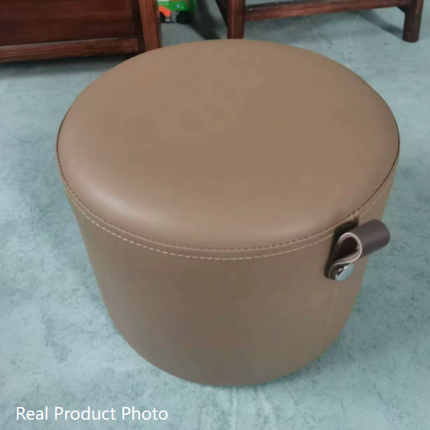 Contemporary Nordic Cylindrical Stool in Metal, Rubber Wood and Leather — Low, Backless, Armless for Living Room