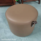 Contemporary Nordic Cylindrical Stool in Metal, Rubber Wood and Leather — Low, Backless, Armless for Living Room