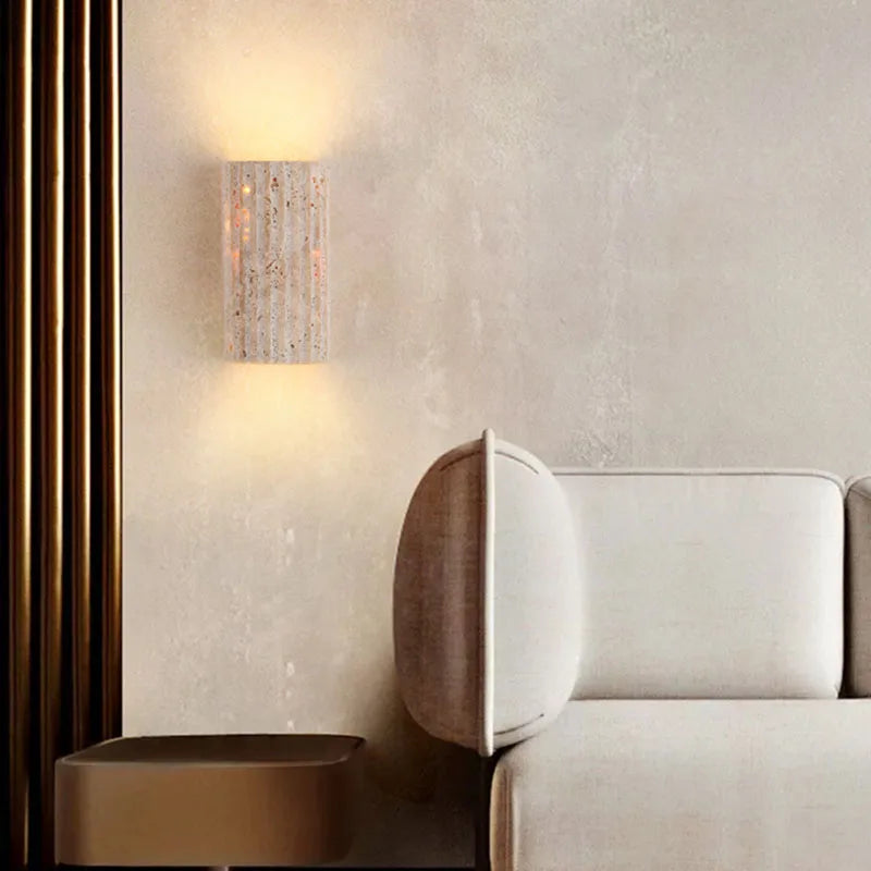 Organic Modern Fluted Natural Stone Wall Sconce Up/Down LED Cylindrical Accent Light for Hallway and Bedroom