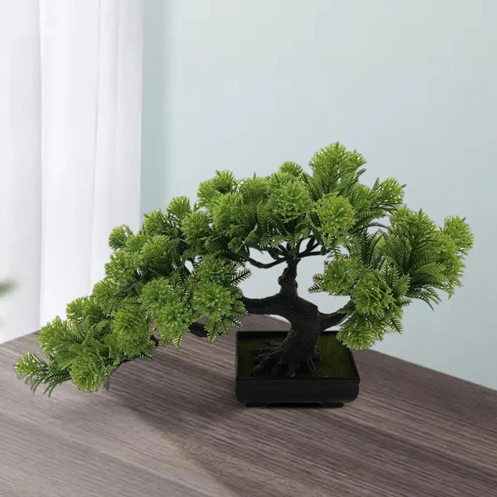 Lifelike Faux Pine Bonsai Tree in Black Pot Cascading Zen Artificial Plant for Home Office Desk and Shelf Decor