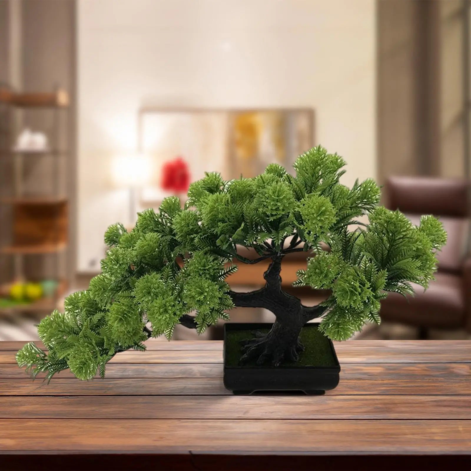 Lifelike Faux Pine Bonsai Tree in Black Pot Cascading Zen Artificial Plant for Home Office Desk and Shelf Decor