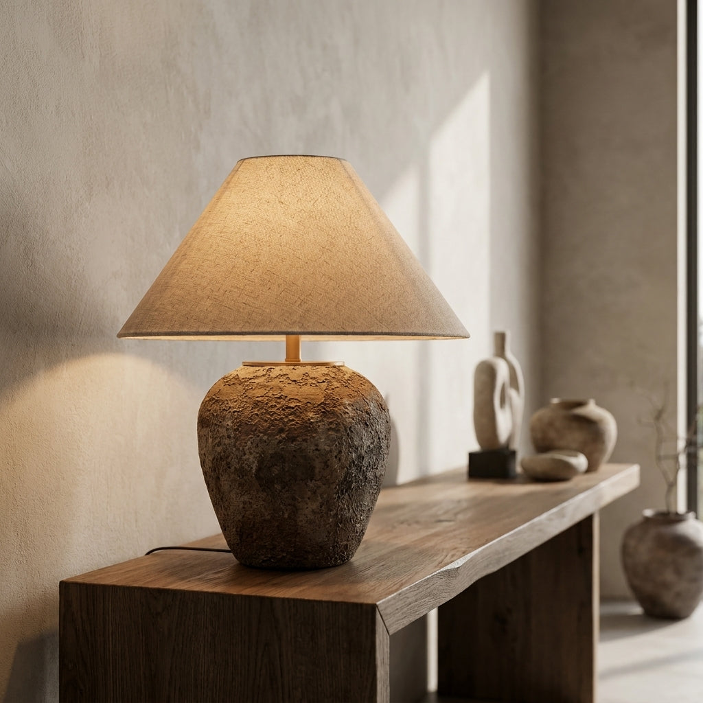 Organic Modern Textured Ceramic Table Lamp with Natural Linen Shade Rustic Wabi-Sabi Accent Light for Bedroom and Living Room