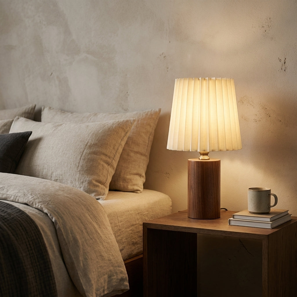 Vintage Pleated Shade Solid Wood Table Lamp Dimmable LED Bedside Desk Light for Bedroom and Living Room