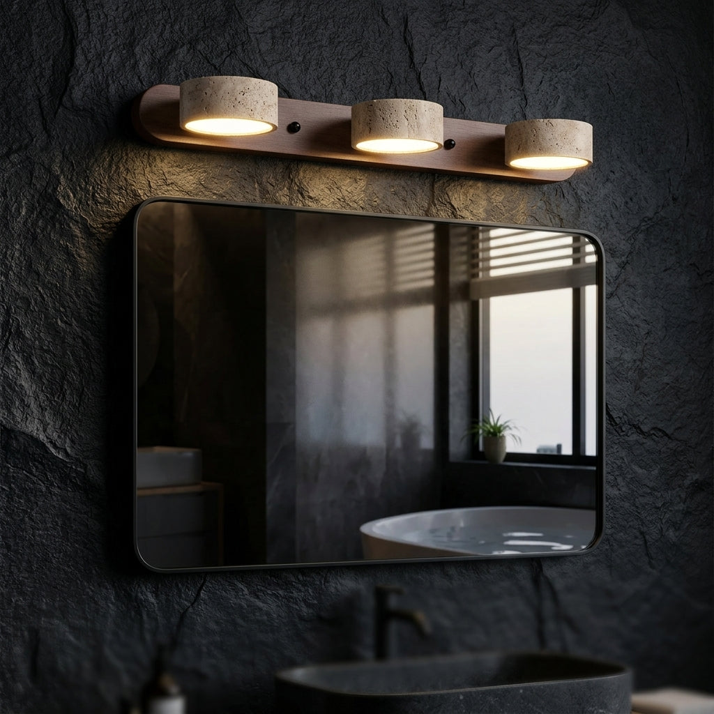 Japandi Travertine & Walnut Wood LED Bathroom Vanity Light Adjustable Over Mirror Wall Sconce