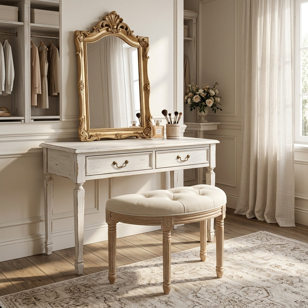 French Country Tufted Linen Vanity Stool Solid Wood Demilune Makeup Chair for Bedroom and Walk-in Closet