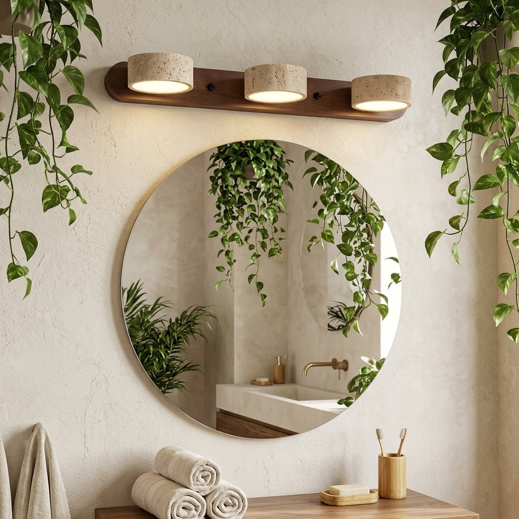 Biophilic Organic Natural Wood & Stone Bathroom Vanity Light LED Travertine Wall Sconce