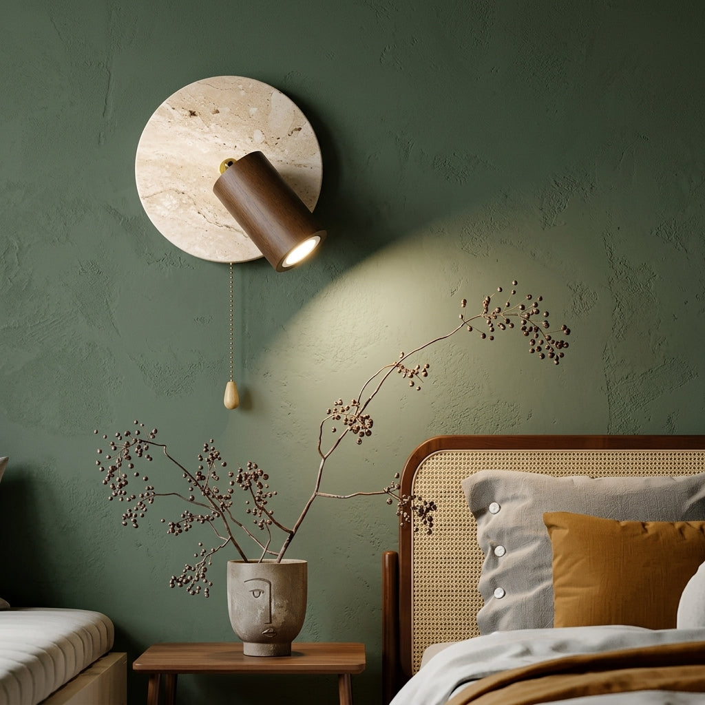 Organic Modern Travertine & Walnut Wood Wall Sconce Adjustable Bedside Reading Light with Pull Chain