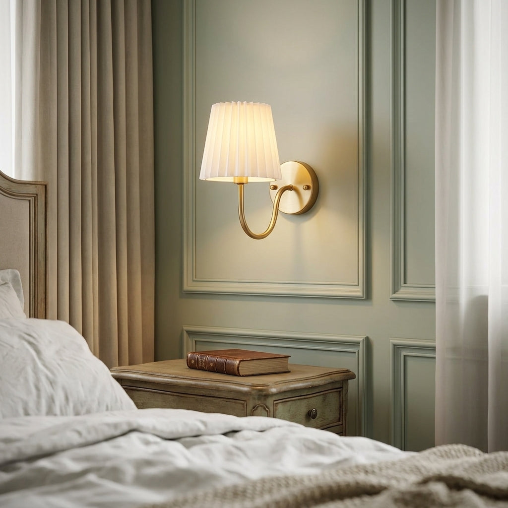 Vintage French Country Gold Wall Sconce with Pleated Fabric Shade Classic Brass Bedside Reading Light