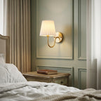 Vintage French Country Gold Wall Sconce with Pleated Fabric Shade Classic Brass Bedside Reading Light