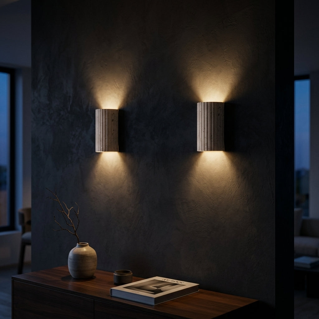 Organic Modern Fluted Natural Stone Wall Sconce Up/Down LED Cylindrical Accent Light for Hallway and Bedroom