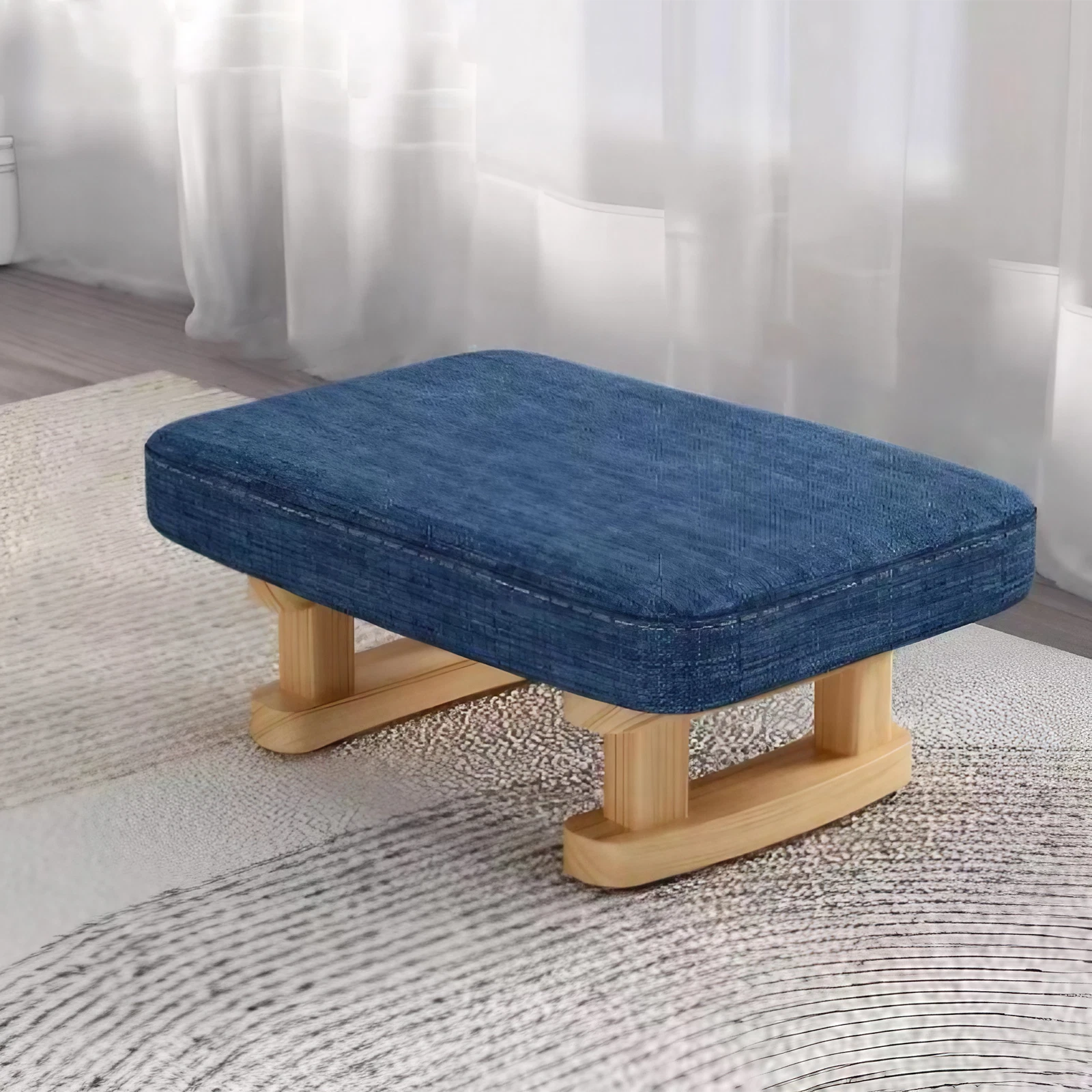 Modern Minimalist Rectangular Cotton-Linen Footstool with Pine Wood Base for Living Room