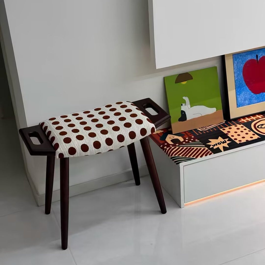 Contemporary Retro Vanity Stool - Curved Cotton-Linen Seat, Solid Wood Construction with Handles for the bedroom