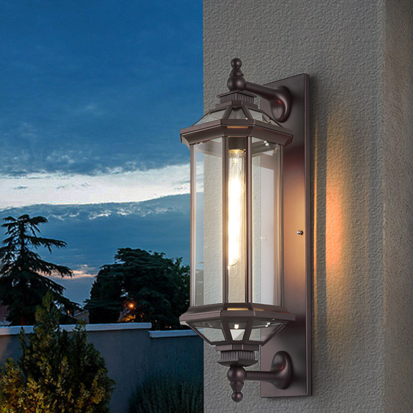 Traditional Vintage Octagonal Square Waterproof Glass Aluminum 1-Light Wall Sconce Lamp For Outdoor Patio